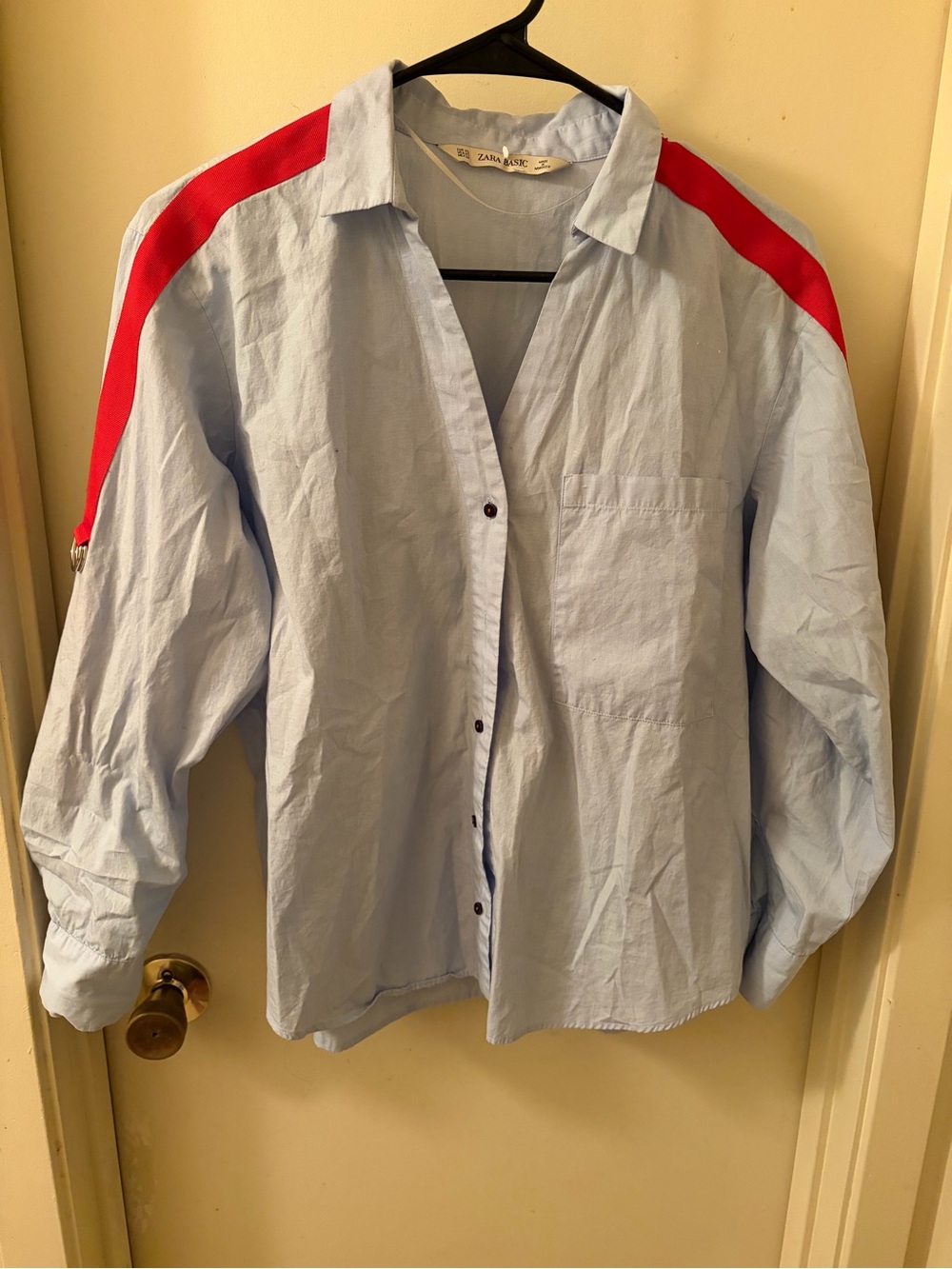 Zara Light Blue Shirt Top with Red Shoulder Stripe